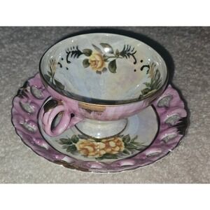 Japan Lusterware Footed Tea Cup & Reticulated Saucer Royal Seal China Roses